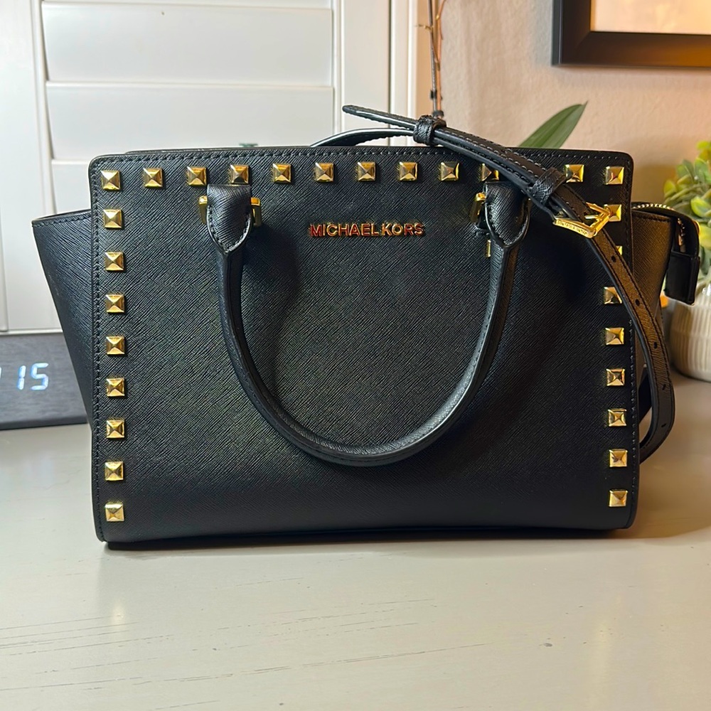 Michael Kors black studded Selma messenger leather crossbody bag
